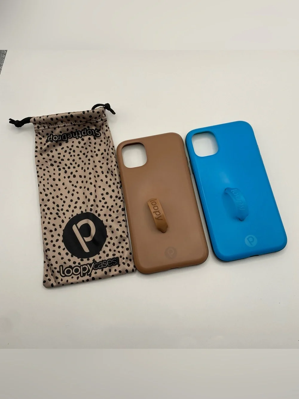 2 Loopy iPhone 11 Cases with Loop Strap - Brown and Blue plus speckled bag